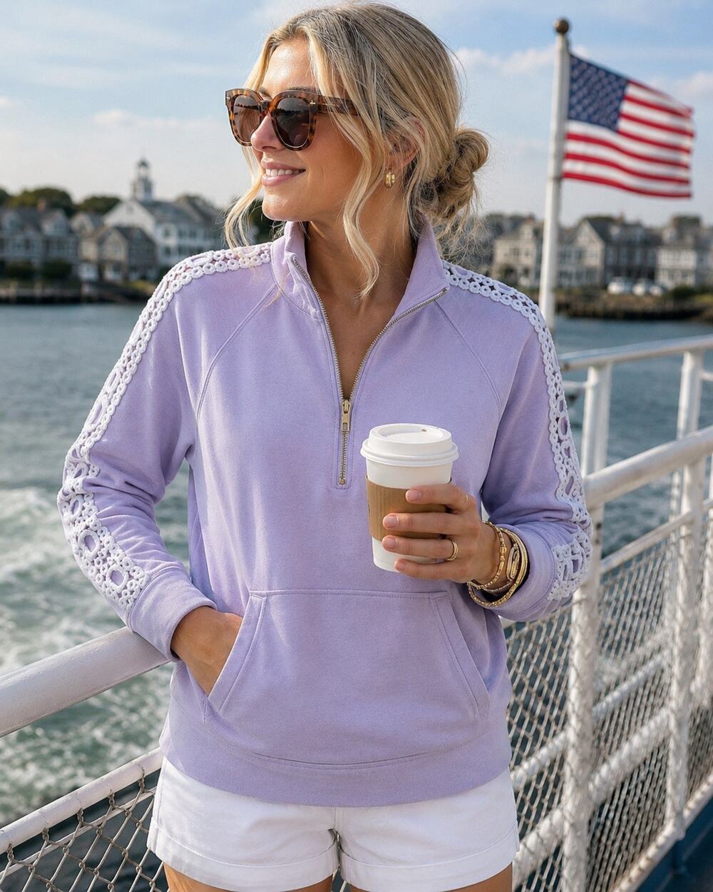 Lilly Pulitzer Skipper Popover Lavender Lace Trim Quarter-Zip Coastal Preppy S